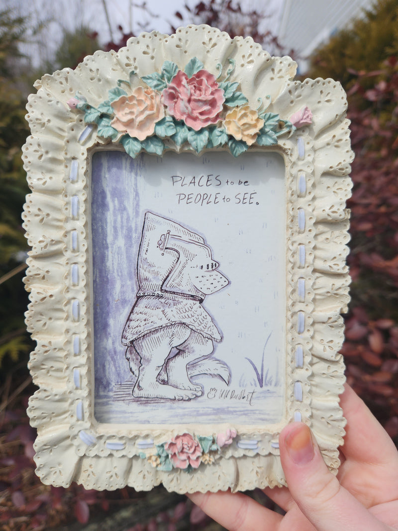 Houndskull Helmet Creature Original Ink Drawing with Frame